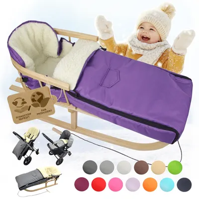Produktbild von BAMBINIWELT HOLZSCHLITTEN mit Rückenlehne (90cm) + WINTERFUßSACK (108cm) Kinderwagen WOLLE lila