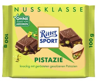 Produktbild von Ritter Sport Pistazie, Milchschokolade, 100 g, Pistazie, 1 Stück(e), Kann Spuren von Erdnüssen, anderen Schalenfrüchten, glutenhaltigem Getreide und Ei enthalten., Milch, Soja