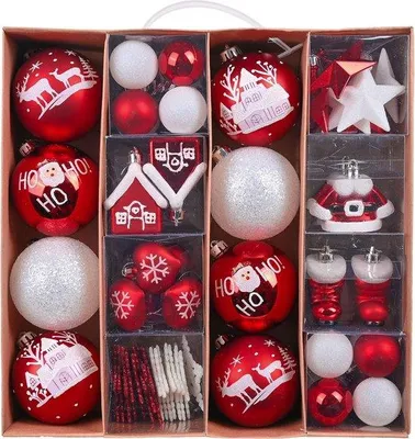 Productafbeelding van Famanu kerstbalset, 60 stuks - Traditionele rode en witte versieringen