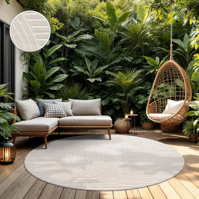 Produktbild von TT Home In-& Outdoorteppich Wetterfest Balkon Schlafzimmer Boho Skandi Motiv Unifarben Geometrische Optik Moderner Style Größe 160 cm Rund