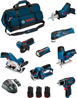 Produktbild von BOSCH Kit BMKB8-28FD3 (GSR12V-15+GKS12V-26+GWS12V-76+GST12V-70+GOP12V-28+GSA12V-14+GLI12V-80+GHO12V-20+3x2,0Ah+GAL1230CV+HDBAG)