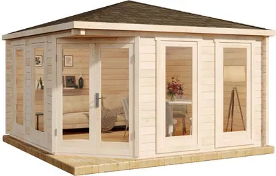 Produktbild von Alpholz 5-Eck Gartenhaus Maja aus Massiv-holz, Gerätehaus mit 44 mm Wandstärke ohne Imprägnierung, Garten Holzhaus inklusive Montagematerial, Geräteschuppen Größe: 400 x 400 cm, Spitzdach