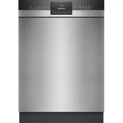 A front view of a stainless steel dishwasher with a black control panel.