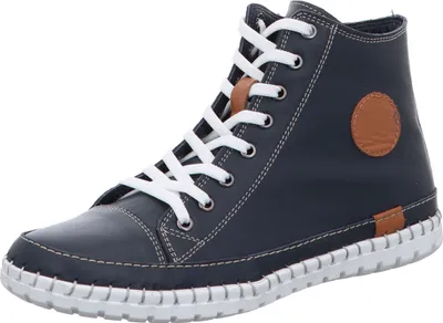 A single blue high-top sneaker is shown against a white background.