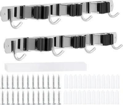 Produktbild von 2 Stück Wandhalterungen für Besen, selbstklebend, Edelstahl Gerätehalter mit 3 Haltern und 4 Haken, Werkzeugorganizer für Garten, Garage und Küche