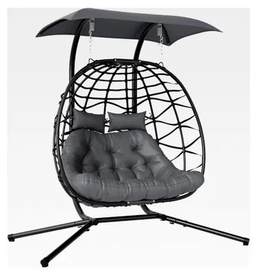 Produktbild von Faltbarer Hängesessel mit Gestell und Sonnenschutzdach für 2 Personen, Polyrattan, dunkelgrau, belastbar bis 260 kg