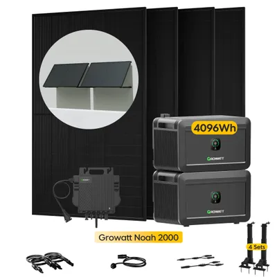 Produktbild von Powerness Balkonkraftwerk mit Speicher, 2000W Solarmodule & Growatt 800W Mikro-Wechselrichter, 2x Growatt NOAH 2000 Speicher,4x Flachdach-Halterung