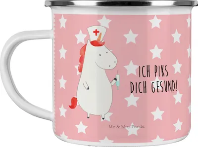 Produktbild von Mr. & Mrs. Panda Emaille Tasse Einhorn Krankenschwester - Rot Pastell - Geschenk, Krankenpfleger, Haferl, Teetasse, becher, Krankenhaus, Unicorn, Kaffeepott, Ärztin, Pott