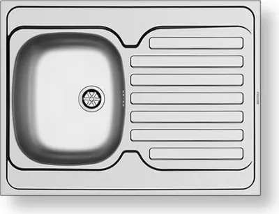 A top-down view of a stainless steel sink with a drainboard.