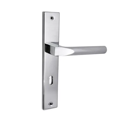 A silver door handle with a long plate and a keyhole, isolated on a white background.
