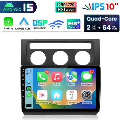 Obrázok produktu pre Pre VW Touran 1T1 1T2 1T3 2003-2010 10" Android 15 Carplay Android Auto Autorádio GPS NAVI WIFI BT USB FM RDS DSP 2 GB + 64 GB