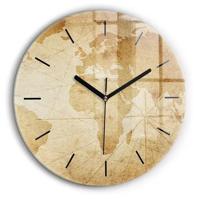 Produktbild von Wallfluent Große Wanduhr – Stilles Quarzuhrwerk - Uhr Dekoration Wohnzimmer Schlafzimmer Küche - Zifferblatt mit Striche - schwarze Zeiger - 60 cm - Alte Weltkarte