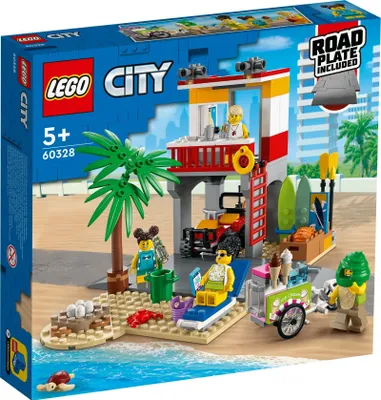 The image shows the packaging of a LEGO City lifeguard station playset.