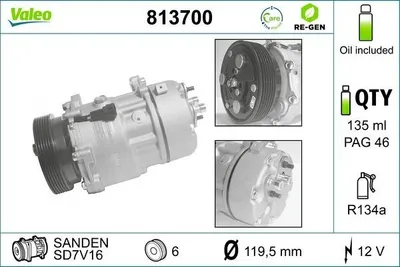 Produktbild von VALEO 813700 SD7V16 Klimaanlage Klimakompressor PAG 46 R134a für VW Golf IV Schrägheck (1J1) Golf IV Variant (1J5) SHARAN (7M8, 7M9, 7M6) für AUDI