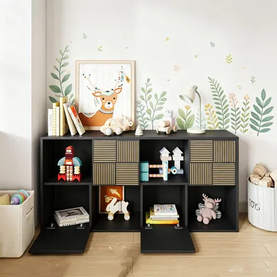 Image de Étagère modulable INONEFT avec 4 portes et 8 compartiments de rangement, dimensions 125x30x60 cm. Idéale pour les enfants, cette étagère peut servir de bibliothèque, de meuble de rangement, de coffre à jouets. Finition : noir mat