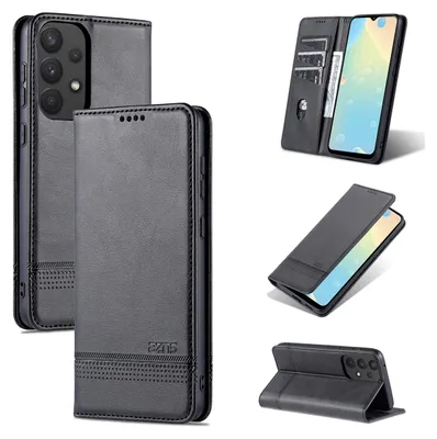 A collage of images showing a black leather phone case for a Samsung Galaxy A53 5G, with different angles and views of its features.
