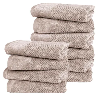 Produktbild von 10-TLG. Handtücher Set mit Aufhängeschlaufen aus 100% Baumwolle, saugstark, weich und   - 10er Pack Handtücher 50x100 cm aus feinster Baumwolle, Beige - Taupe