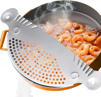 Produktbild von Edelstahl-Nudelsieb und Abtropfsieb für Töpfe bis 26 cm, flache Abgießhilfe für Pasta und Gemüse