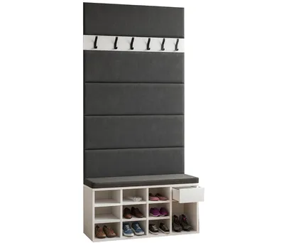 Produktbild von Flurset LEO – Schuhschrank mit Sitzbank, 5 Polsterpaneele & Wandgarderobe – Weiß, modernes Flurmöbel-Set mit Schublade –  EU