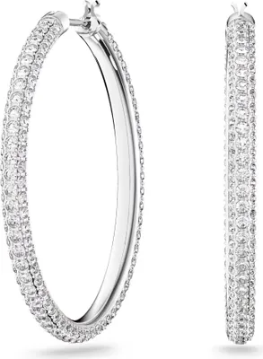 A pair of Swarovski hoop earrings with clear crystals, displayed against a white background.