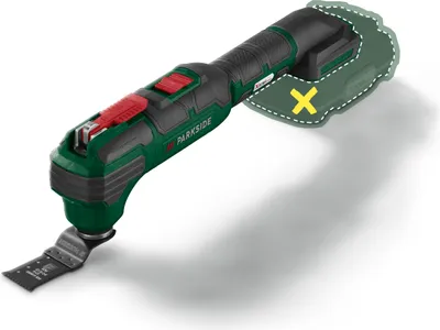 A cordless multi-tool with a blade attachment, shown from a slightly elevated side angle on a white background.