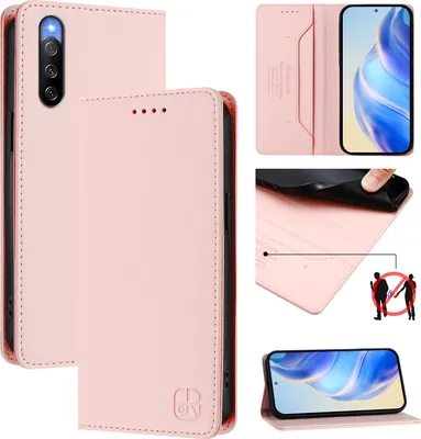 Obrázek produktu pro Kožené pouzdro pro Sony Xperia 10 IV, flipové pouzdro s přihrádkami na karty, peněženkou a stojánkem Růžový