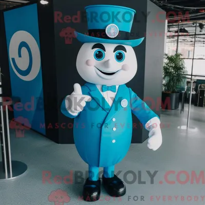 Produktbild von Maskottchen REDBROKOLY eines cyanfarbenen Zirkusdirektors mit Anzug und Manschettenknöpfen