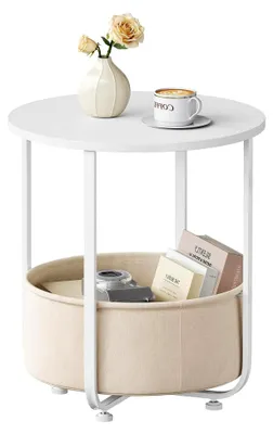 Produktbild von Runder Couchtisch, kleiner Beistelltisch mit abnehmbarem Stoffkorb, Metallrahmen, für Sofa im Wohnzimmer oder Schlafzimmer, Weiß + Beige