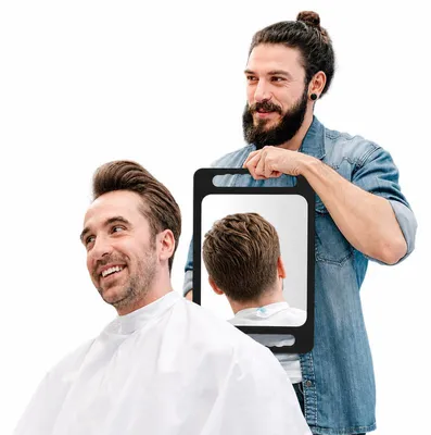 Produktbild von Großer Handspiegel mit Doppelgriff 40,5 x 25,8 cm, bruchsicherer Salonspiegel aus HD-Glas für Friseursalon, Kosmetik und Styling