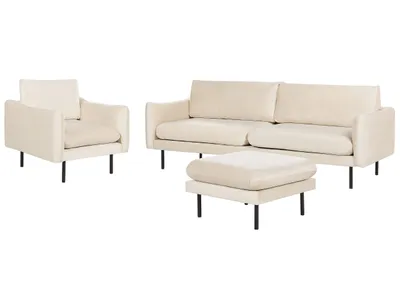 Produktbild von BELIANI Sofa Set Hellbeige Samt 3-Sitzer Sofa Sessel mit Ottomane Hohe Schwarze Metallfüße Dicke Sitzkissen Schmale Armlehnen Lose Rücken- & Sitzkissen