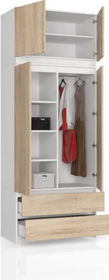 Image de BDW Armoire avec 4 portes, 4 tablettes, cintres, blanc / chêne Sonoma