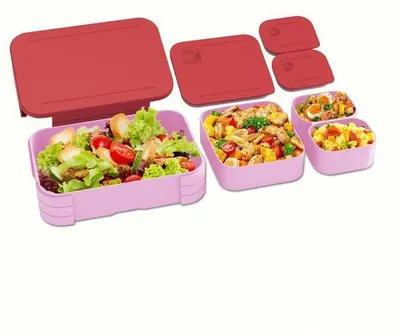 Image de Boîte à lunch pour enfants avec séparateurs, boîte à bento 3 en 1 adaptée au micro-ondes et au lave-vaisselle, pour filles et garçons, rose