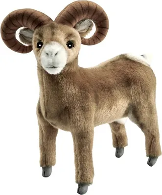 A stuffed toy ram with large curved horns, standing on a white background.