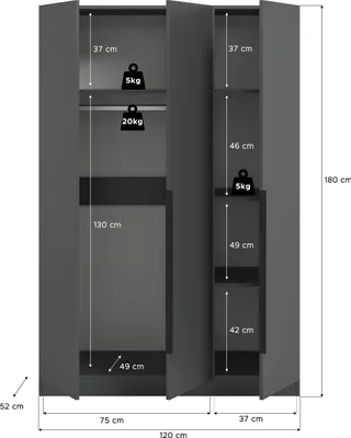 Produktbild von xonox.home Kopenhagen Kleiderschrank 3-türig (B/H/T: 120x180x52 cm) in anthrazit  und anthrazit