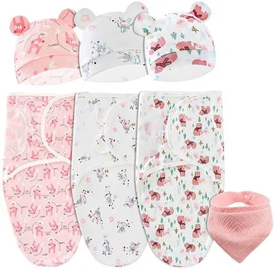 Productafbeelding van Ibenzoa® 3-delige set baby slaapzakken met muts, 0–3 maanden, 100% biologische katoen, ademend, 73x50 cm, verstelbare klittenbandsluiting, schattige prints