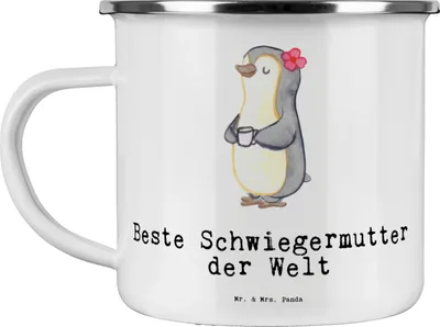 Produktbild von Mr. & Mrs. Panda Pott Pinguin Beste Schwiegermutter der Welt - Weiß - Geschenk, Mutter, Mama, Reisebecher, Geschenkidee, Dankeschön, Emaille Tasse, Schwiegermama, Haferl