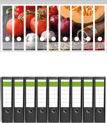 Produktbild von Wallario 9 Stück breite Ordner inkl. Klebeetiketten mit Motive Kürbissuppe - Zutaten mit Tomaten, Knoblauch, Zwiebeln und Pfeffer -  Set mit Rückenschildern / Ordnerrücken Stickern