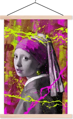 Produktbild von MuchoWow® Textilposter Das Mädchen mit dem Perlenohrring - Johannes Vermeer - Neon 40x60 cm mit holzfarbenen Rahmen - Poster