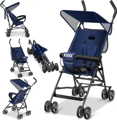 A collage of images showing a blue baby stroller from different angles and in different states of use and folding.
