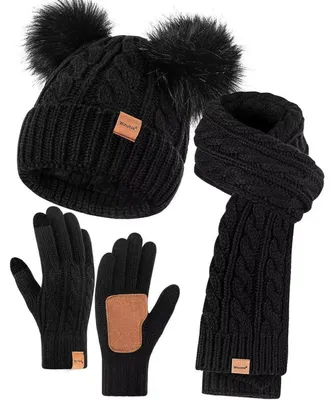 Immagine prodotto di Set invernale da donna 3-in-1: berretto, sciarpa e guanti, colore nero, fodera in pile, compatibile con touchscreen, con pompon