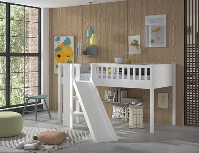 Produktbild von VIPACK - Spielbett SCOTT, LF 90 x 200 cm, mit Rolllattenrost, Rutsche und Leiter, Ausf. Kiefer massiv weiß lackiert
