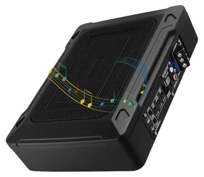 Zdjęcie produktu dla Aktywny subwoofer, moc wyjściowa 1000 W, moc RMS 200 W, napięcie 12 V, wymiary 34,5 cm x 26 cm x 8 cm, impedancja 2,6 Ω.