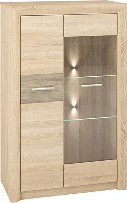 A front view of a wooden vitrine with glass shelves and interior lighting.