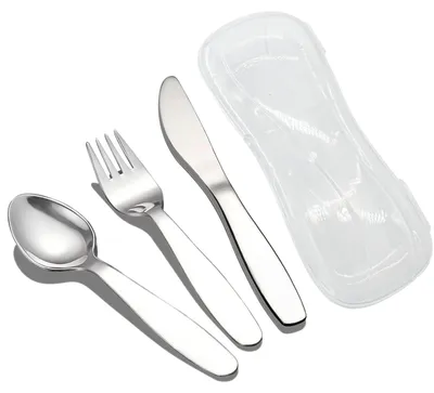 Immagine prodotto di Set di posate per bambini composto da 3 pezzi, con custodia da viaggio - Argento
