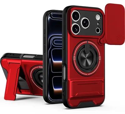 Produktbild von Magnetisch Hülle für iPhone 17 Pro Militär Stoßfest Hülle mit Dia Kameraschutz und Ringhalter Ständer Rot
