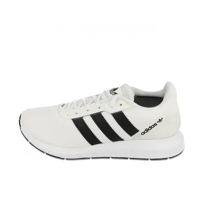 A side view of a white Adidas Swift Run RF sneaker with black stripes.
