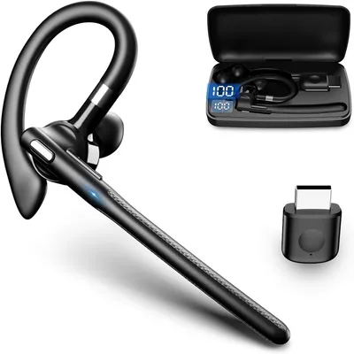 A black Bluetooth headset with microphone, charging case, and USB-C adapter are displayed against a white background.