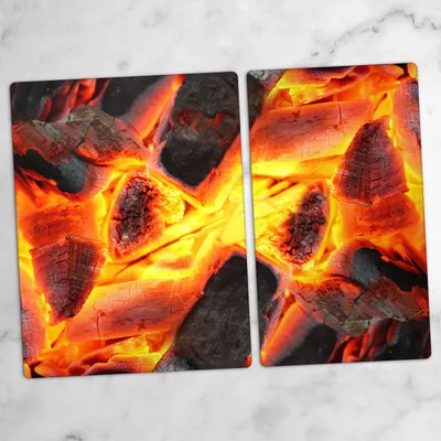 Produktbild von Glas-Herdabdeckplatten Glaskeramikkochfeld-Abdeckung Spritzschutz Schneidebrett Zweiteilige Glas 70x52 cm Grill Feuer Glut