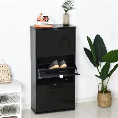 Image de Armoire à chaussures pour couloir - 6 étagères - Structure inclinée - Pour 18 paires de chaussures - 60 × 26 × 124 cm - Noir