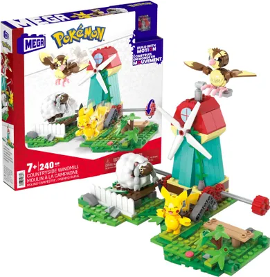 A product box for a MEGA Pokémon Countryside Windmill building set, showing the assembled toy with Pokémon figures.